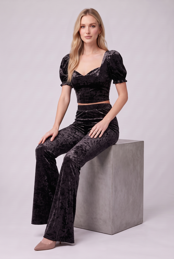 Korean Velvet Crop Top & Bell Bottom Pant Set