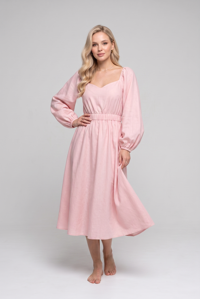 Balloon Sleeve Cotton Flared Midi Dress