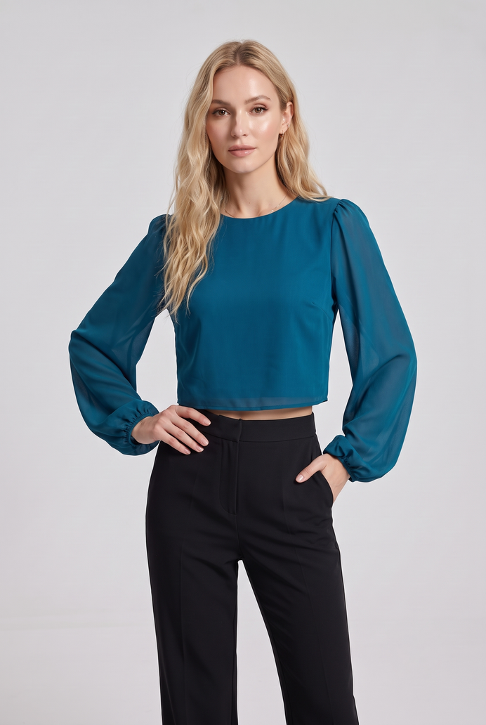 Chiffon Balloon Sleeve Crop Top