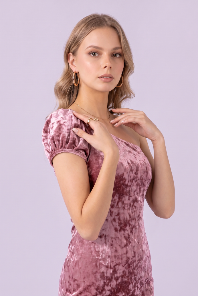 Korean Velvet One-Shoulder Mini Dress