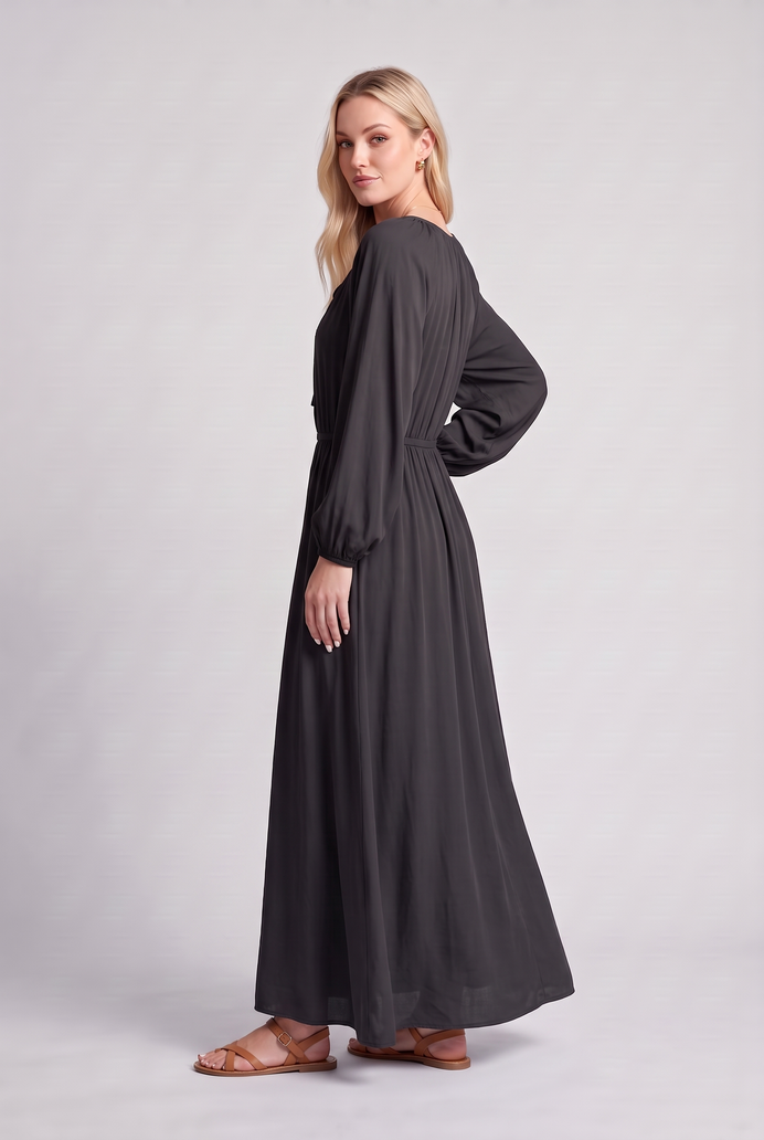 Fit & Flare Rayon Balloon Sleeve Maxi Dress