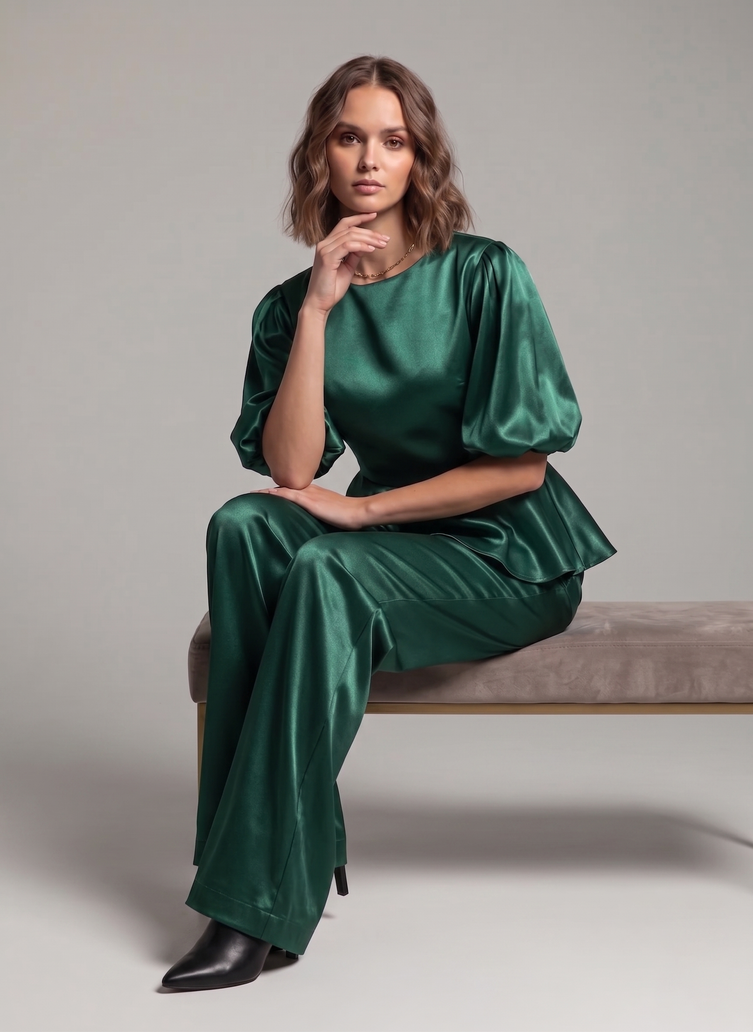 Balloon Sleeve Satin Co-ord Set