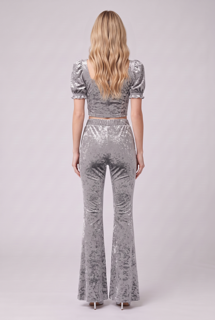 Korean Velvet Crop Top & Bell Bottom Pant Set