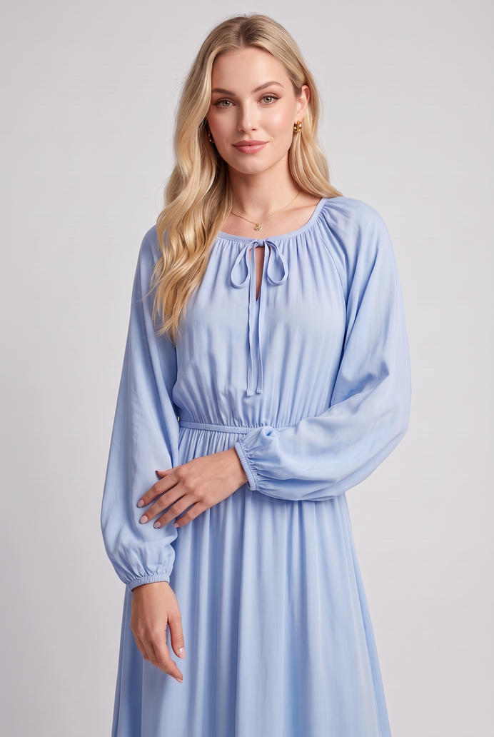 Fit & Flare Rayon Balloon Sleeve Maxi Dress