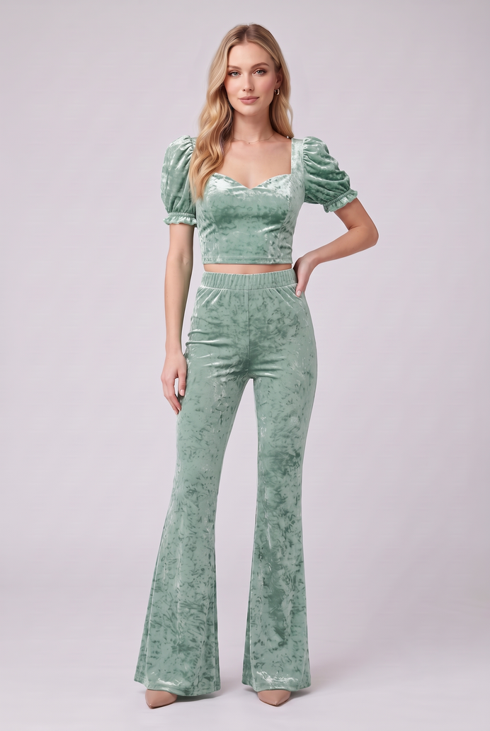 Korean Velvet Crop Top & Bell Bottom Pant Set