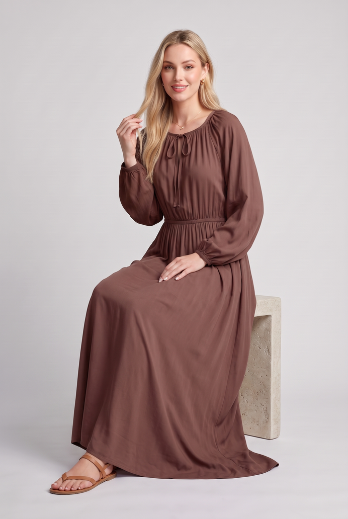 Fit & Flare Rayon Balloon Sleeve Maxi Dress