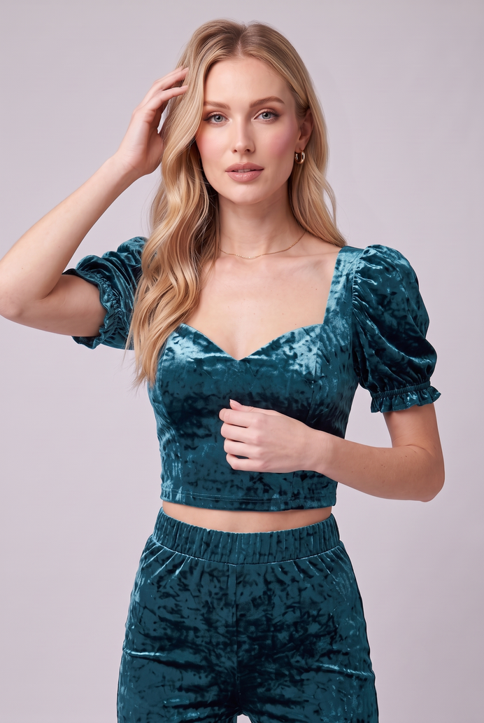 Korean Velvet Crop Top & Bell Bottom Pant Set