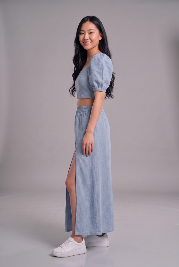 Puff Sleeve Denim Co-ord Skirt & Top Set