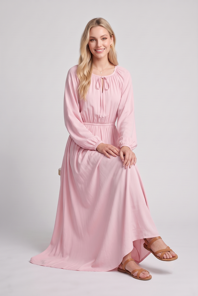 Fit & Flare Rayon Balloon Sleeve Maxi Dress