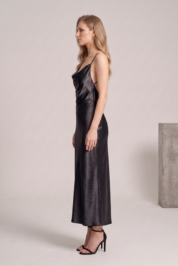 Bodycon Satin Cowl Neck Backless Midi Dress