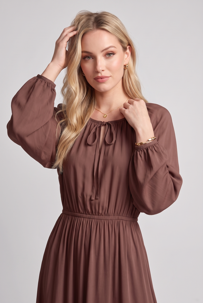 Fit & Flare Rayon Balloon Sleeve Maxi Dress