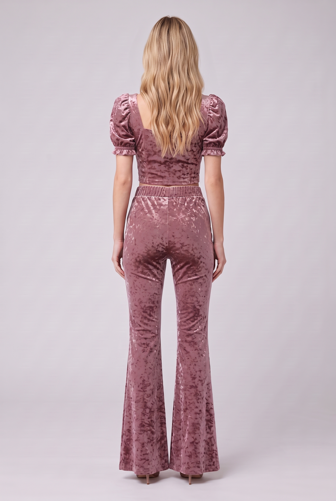 Korean Velvet Crop Top & Bell Bottom Pant Set