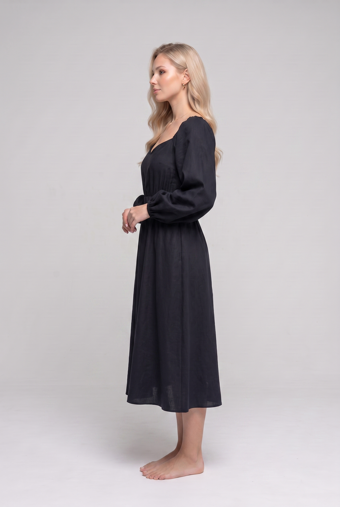 Balloon Sleeve Cotton Flared Midi Dress