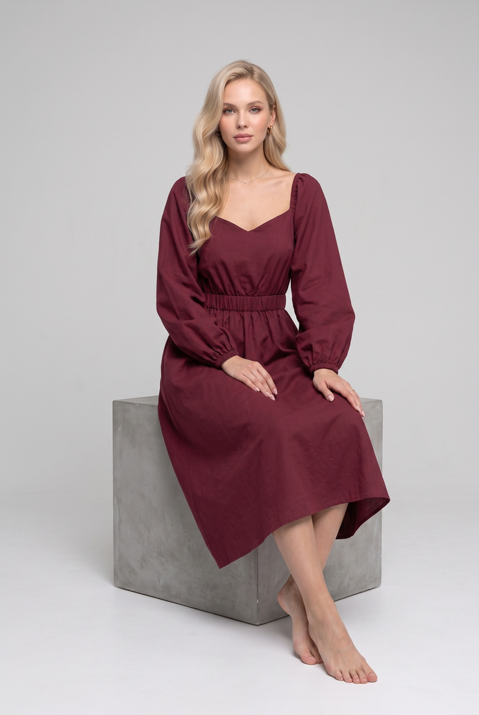 Balloon Sleeve Cotton Flared Midi Dress