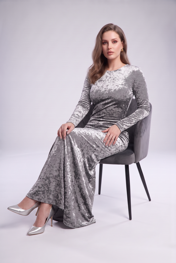 Korean Crushed Velvet Fish Cut Gown