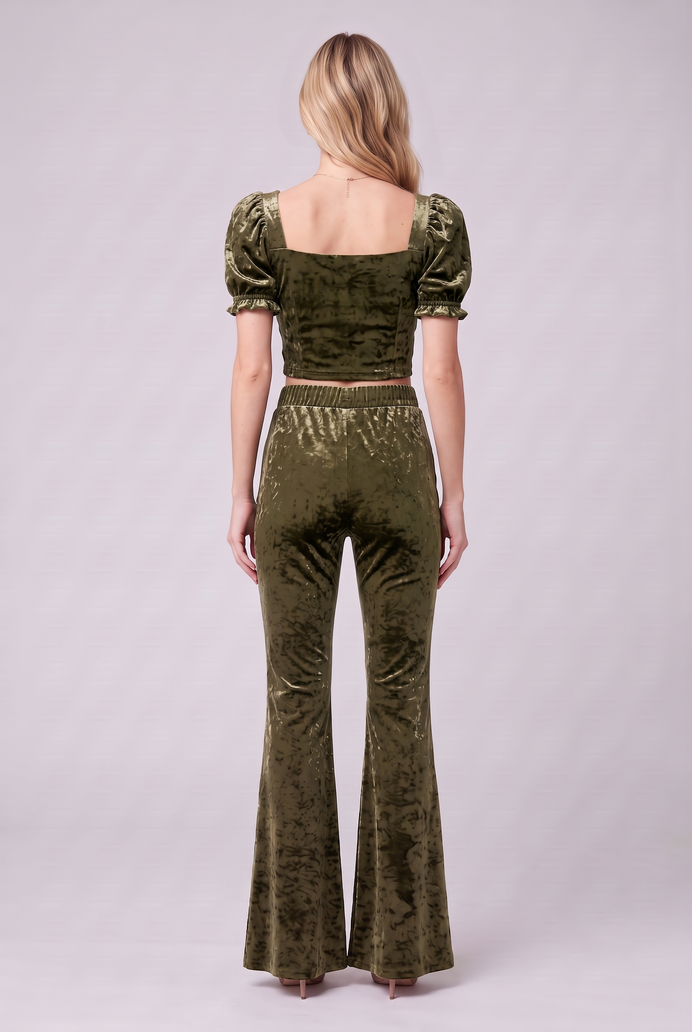 Korean Velvet Crop Top & Bell Bottom Pant Set