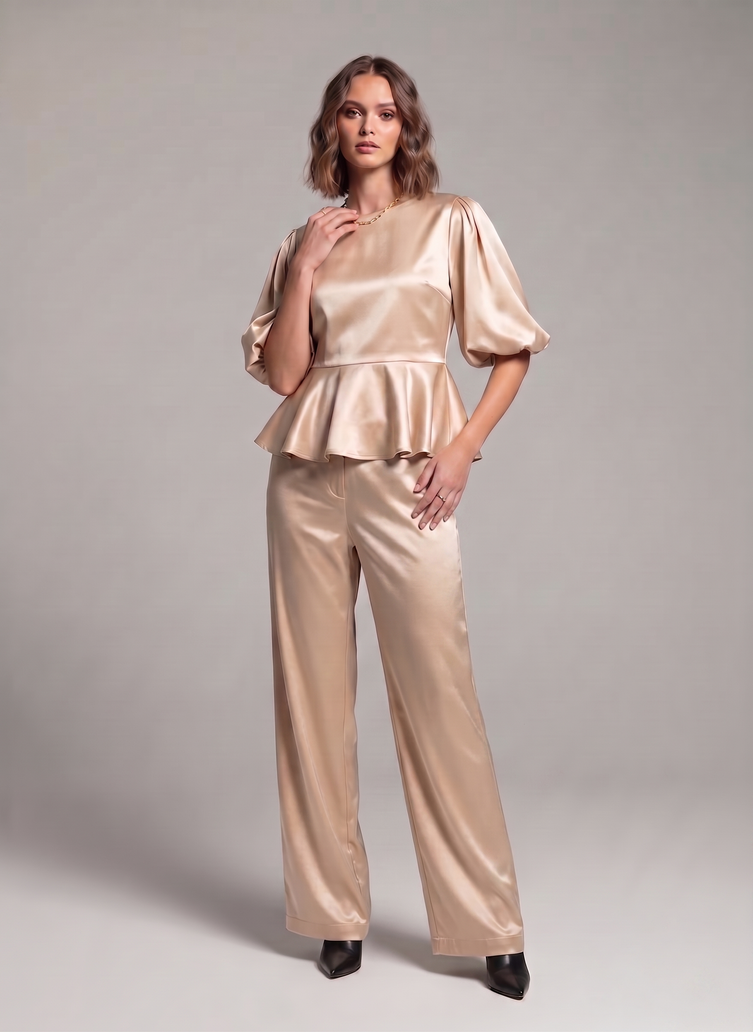 Balloon Sleeve Satin Co-ord Set