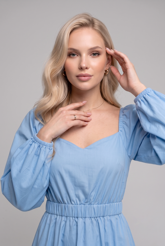 Balloon Sleeve Cotton Flared Midi Dress