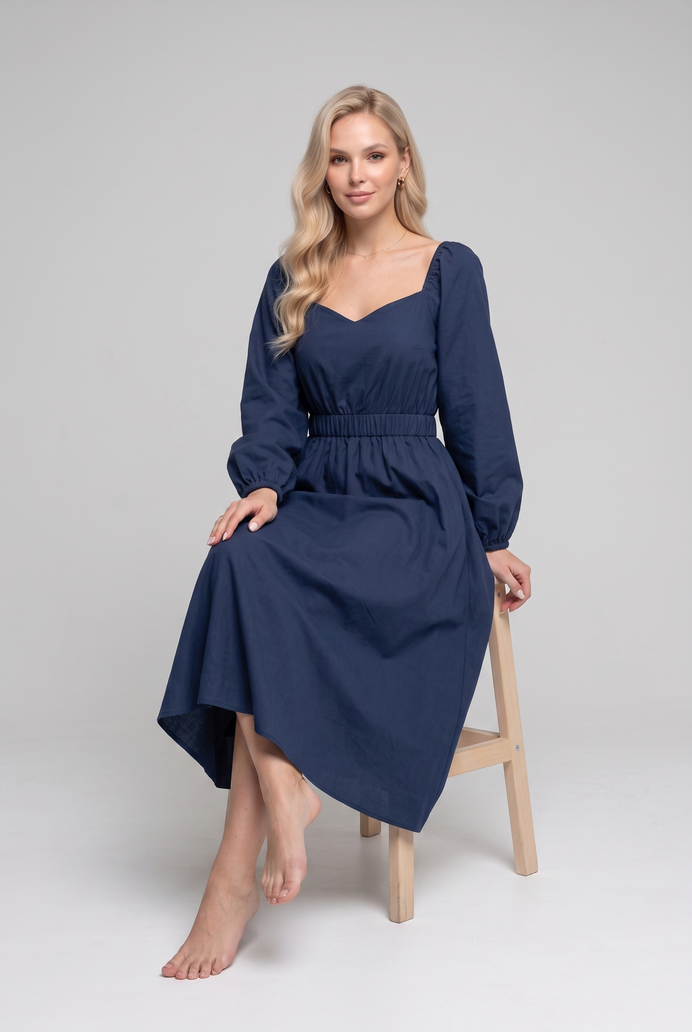 Balloon Sleeve Cotton Flared Midi Dress