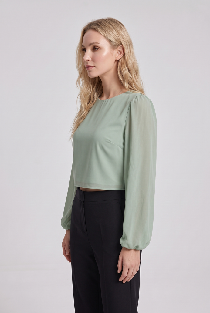 Chiffon Balloon Sleeve Crop Top