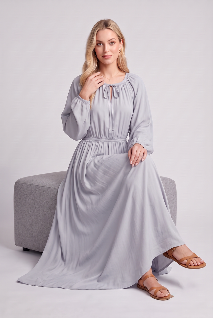Fit & Flare Rayon Balloon Sleeve Maxi Dress
