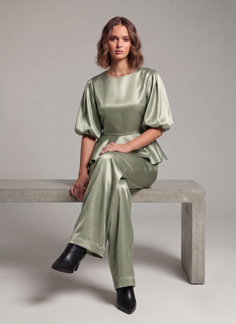 Balloon Sleeve Satin Co-ord Set