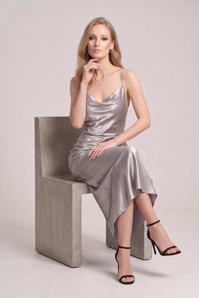 Bodycon Satin Cowl Neck Backless Midi Dress