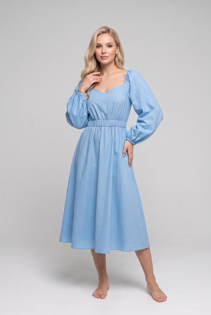 Balloon Sleeve Cotton Flared Midi Dress