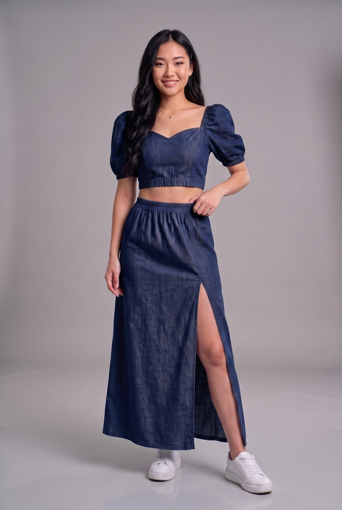 Puff Sleeve Denim Co-ord Skirt & Top Set