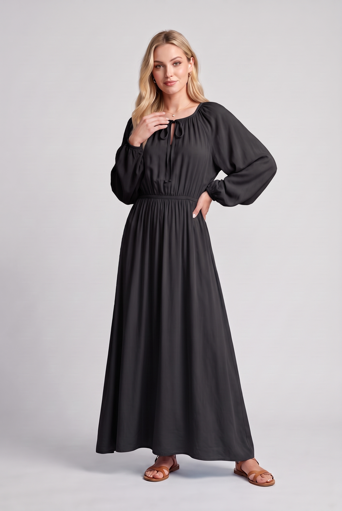 Fit & Flare Rayon Balloon Sleeve Maxi Dress