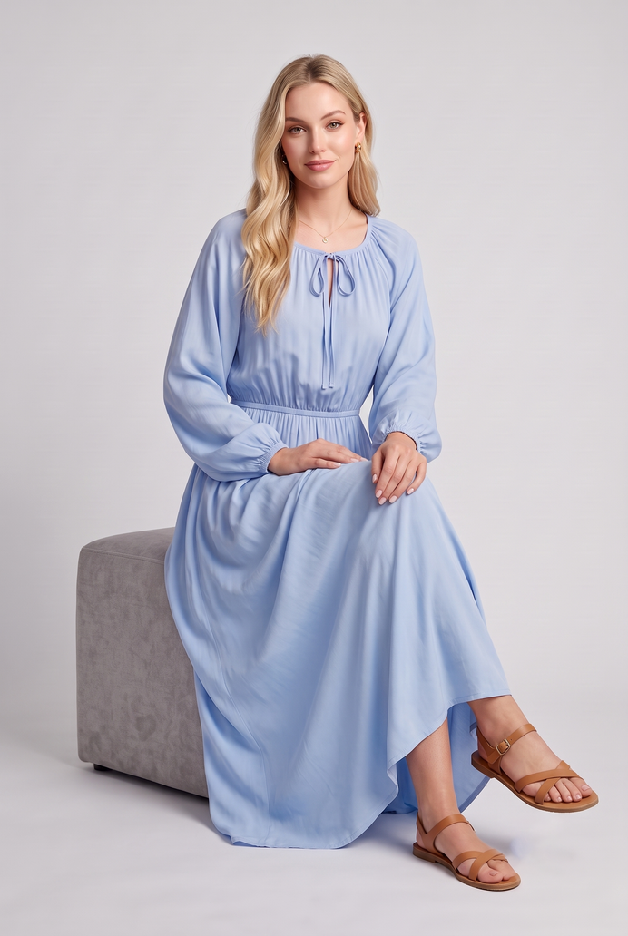 Fit & Flare Rayon Balloon Sleeve Maxi Dress