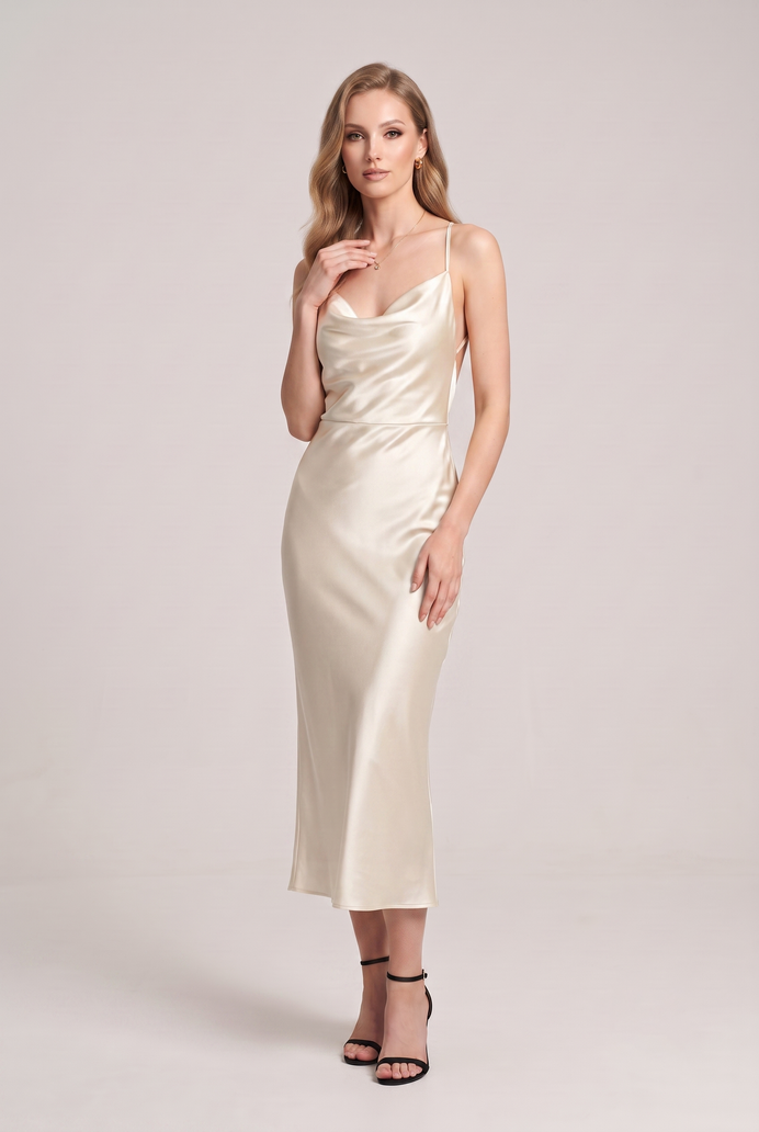 Bodycon Satin Cowl Neck Backless Midi Dress