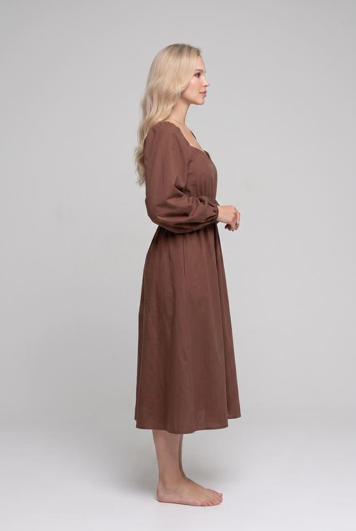 Balloon Sleeve Cotton Flared Midi Dress