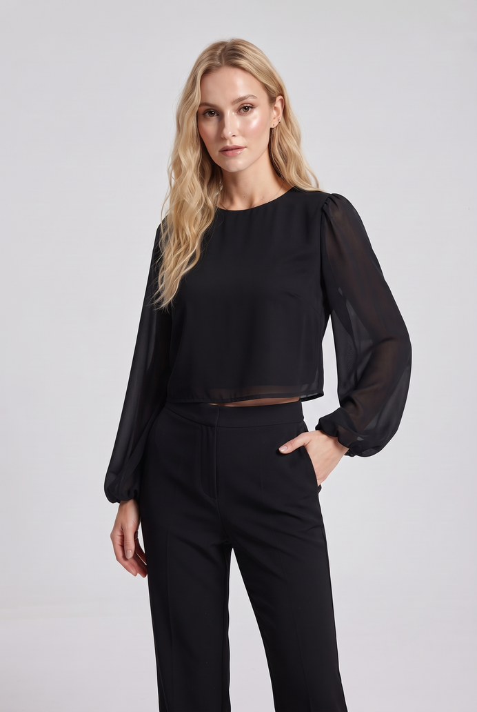 Chiffon Balloon Sleeve Crop Top