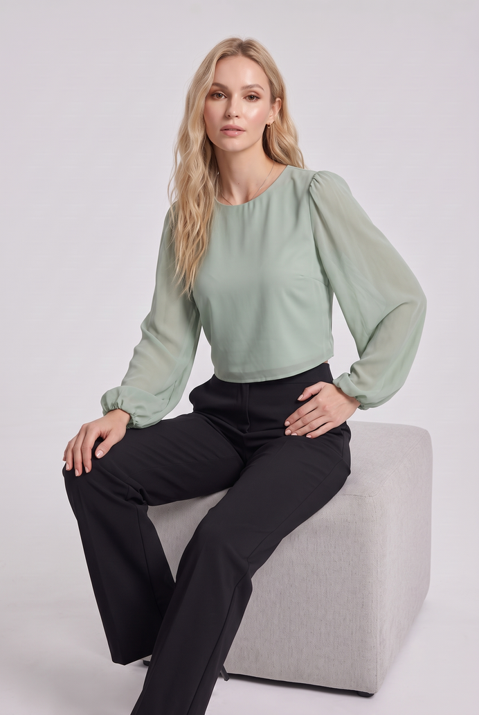 Chiffon Balloon Sleeve Crop Top