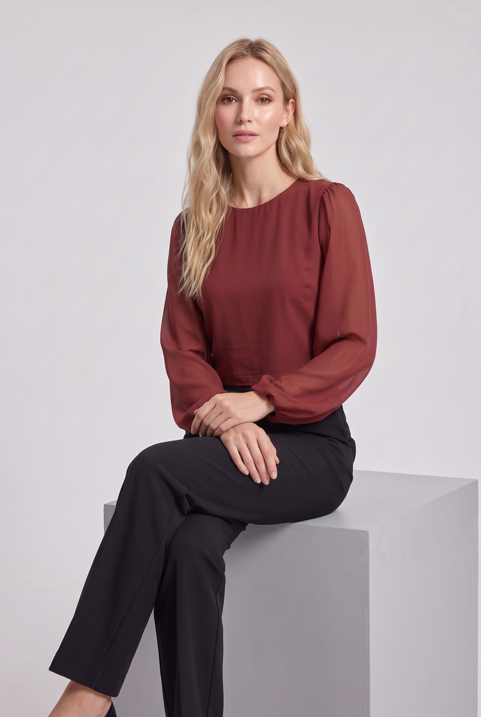Chiffon Balloon Sleeve Crop Top