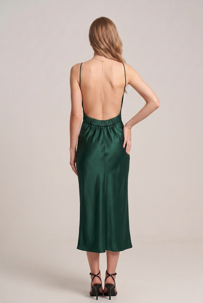 Bodycon Satin Cowl Neck Backless Midi Dress