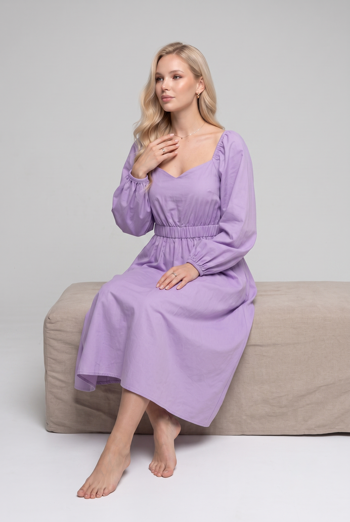 Balloon Sleeve Cotton Flared Midi Dress