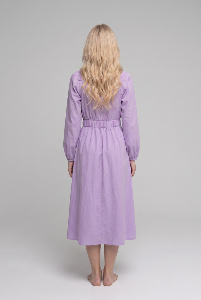 Balloon Sleeve Cotton Flared Midi Dress