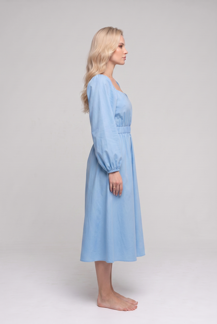 Balloon Sleeve Cotton Flared Midi Dress