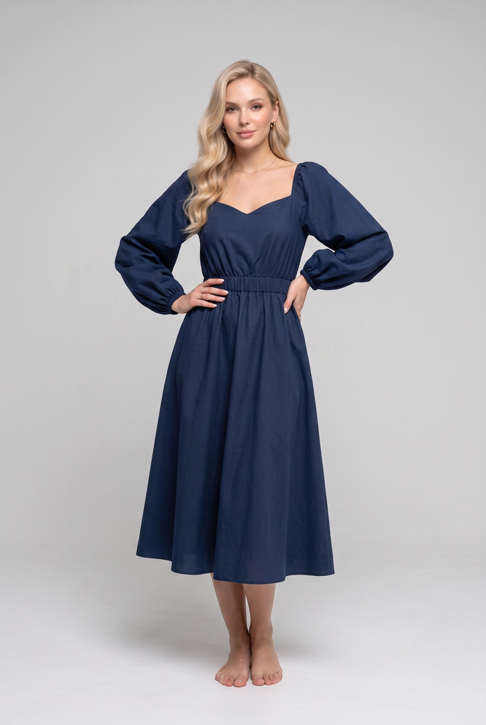 Balloon Sleeve Cotton Flared Midi Dress