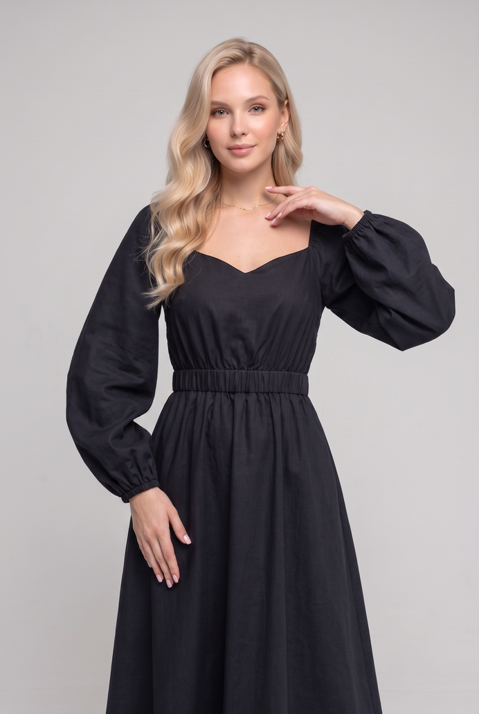Balloon Sleeve Cotton Flared Midi Dress