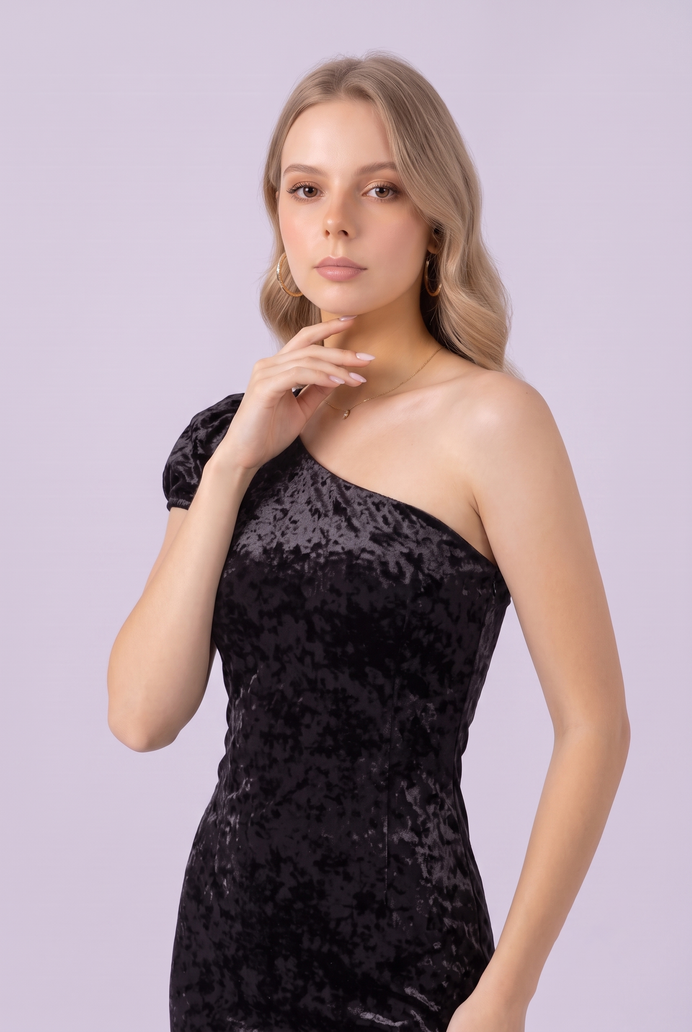 Korean Velvet One-Shoulder Mini Dress