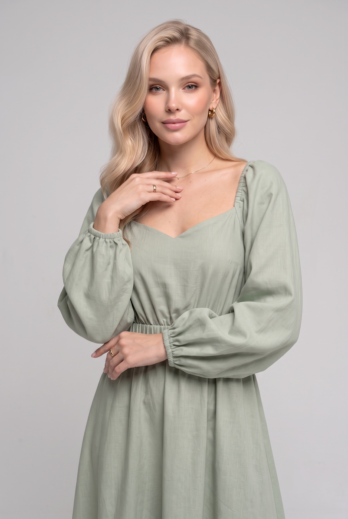 Balloon Sleeve Cotton Flared Midi Dress