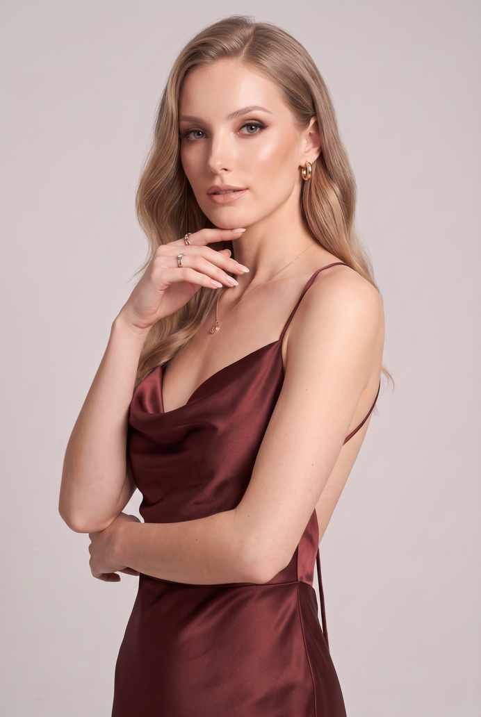 Bodycon Satin Cowl Neck Backless Midi Dress