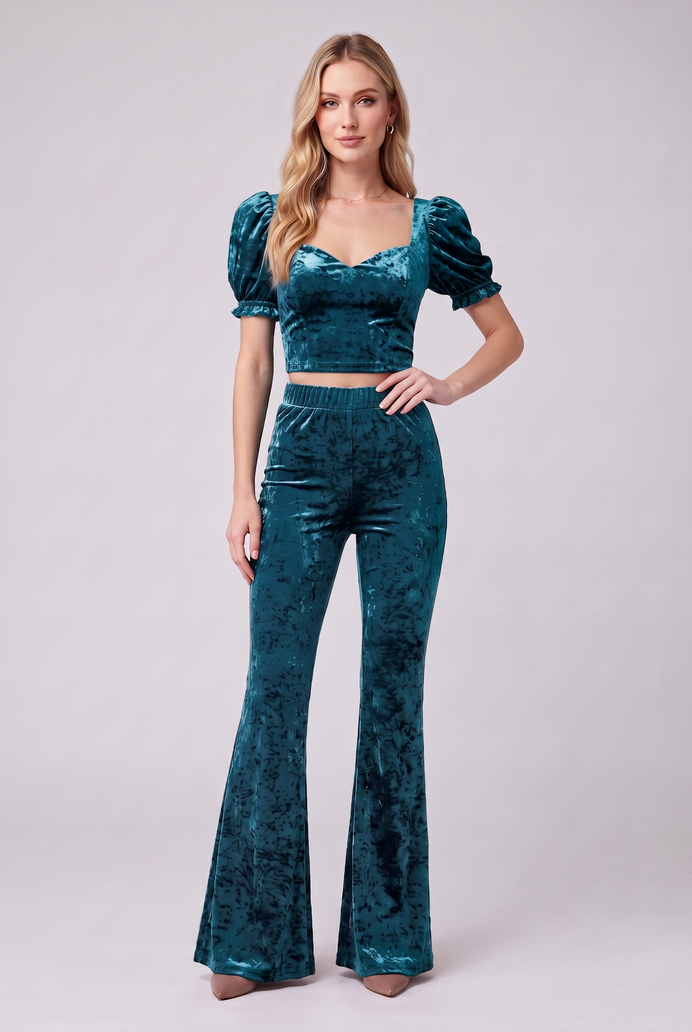 Korean Velvet Crop Top & Bell Bottom Pant Set