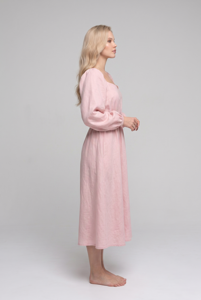 Balloon Sleeve Cotton Flared Midi Dress