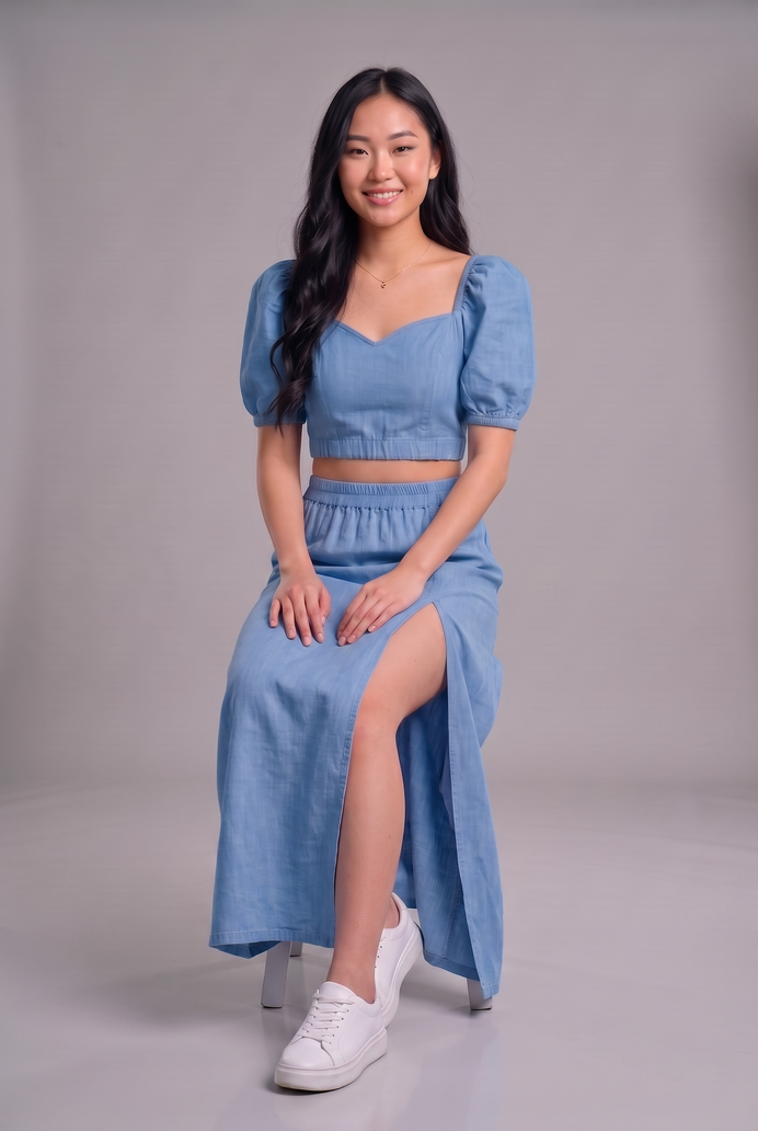 Puff Sleeve Denim Co-ord Skirt & Top Set