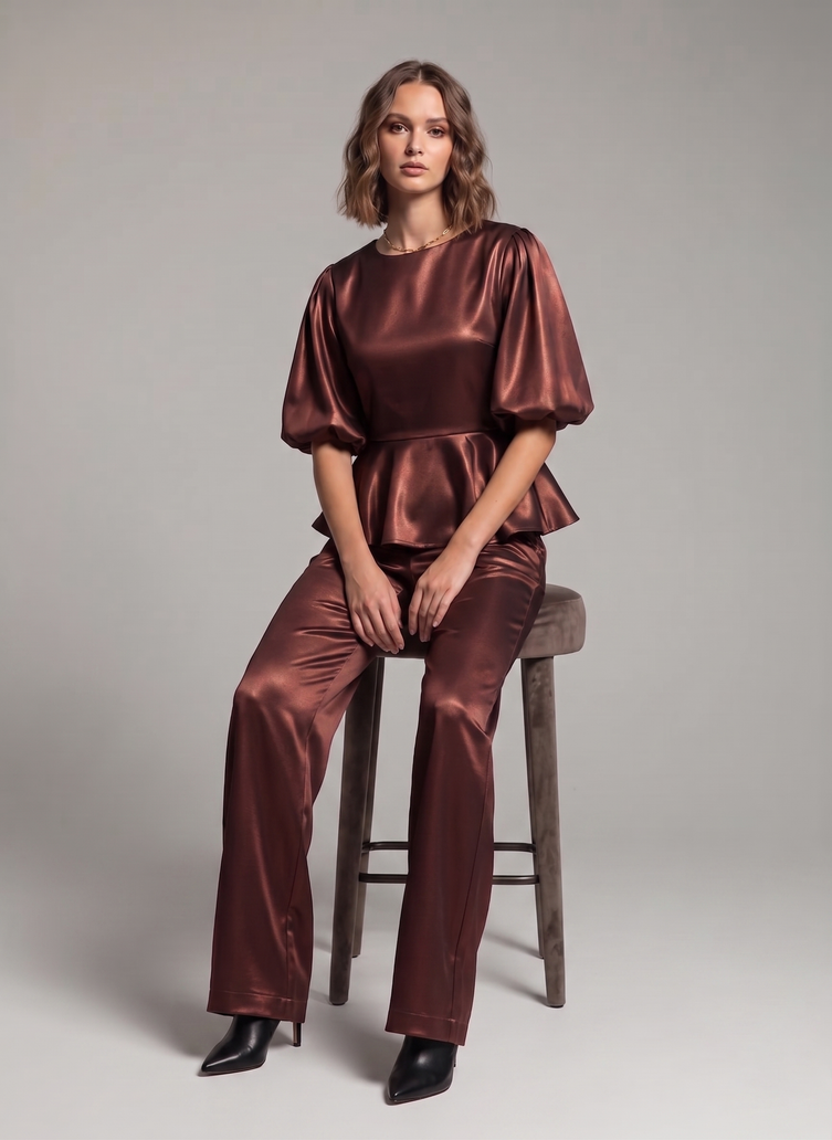Balloon Sleeve Satin Co-ord Set