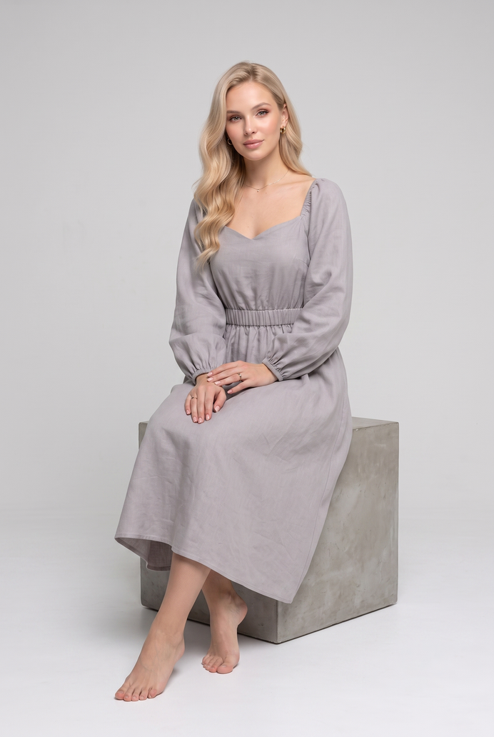 Balloon Sleeve Cotton Flared Midi Dress